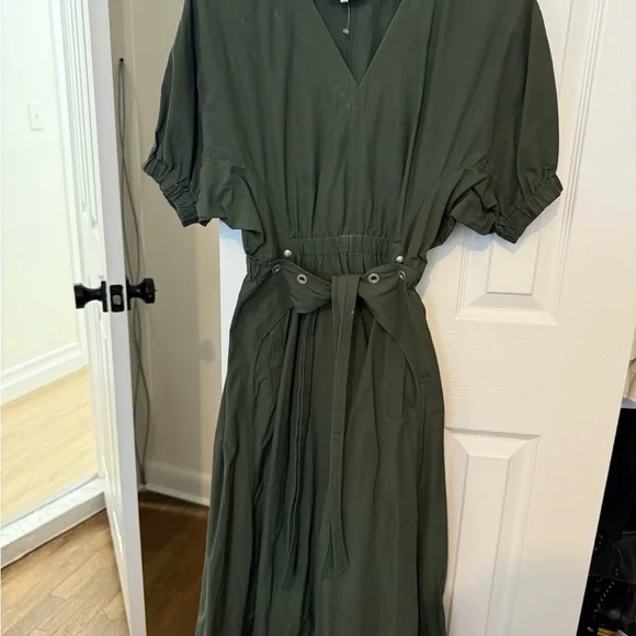 3.1 Phillip Lim Gathered Short Sleeve Midi V-Neck Utility Dress Green Size 2 - Picture 6 of 7